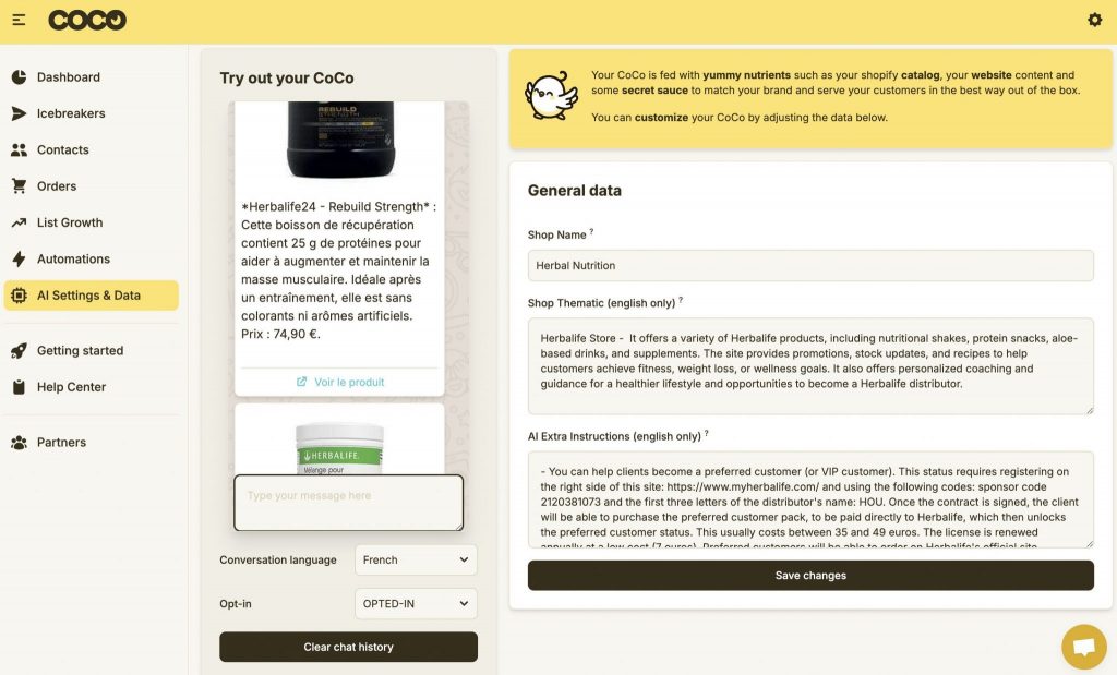 The Dashboard of CoCo Ai, the chatbot for Whatsapp and Shopify.